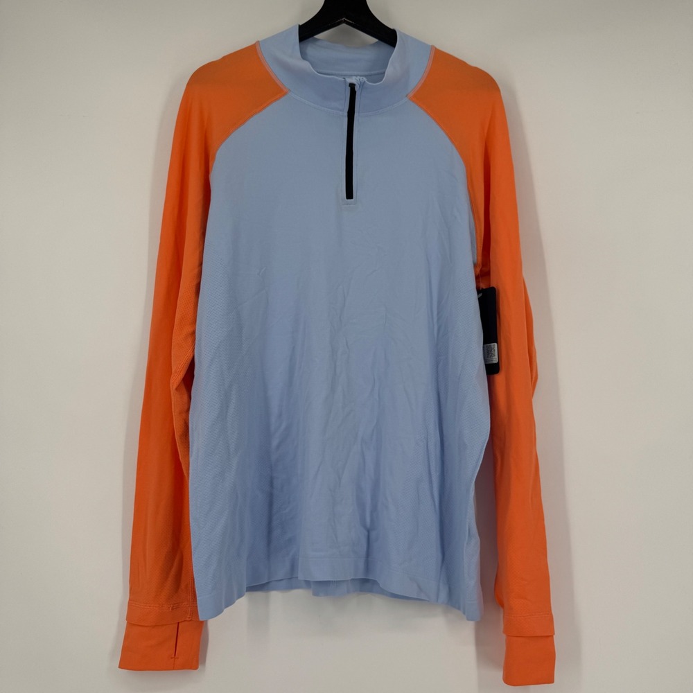 NEW Fabletics The Training Day 1/4 Zip Pullover Vapor Blue Orange Mens Large NWT